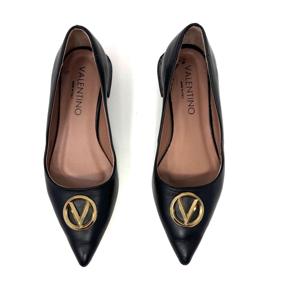 Valentino Flora Logo Buckle Pointed Toe Flat Sz 7